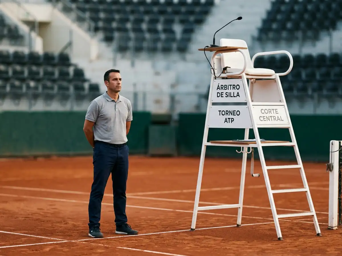 Silla de juez árbitro en una pista de tenis ATP durante un partido oficial