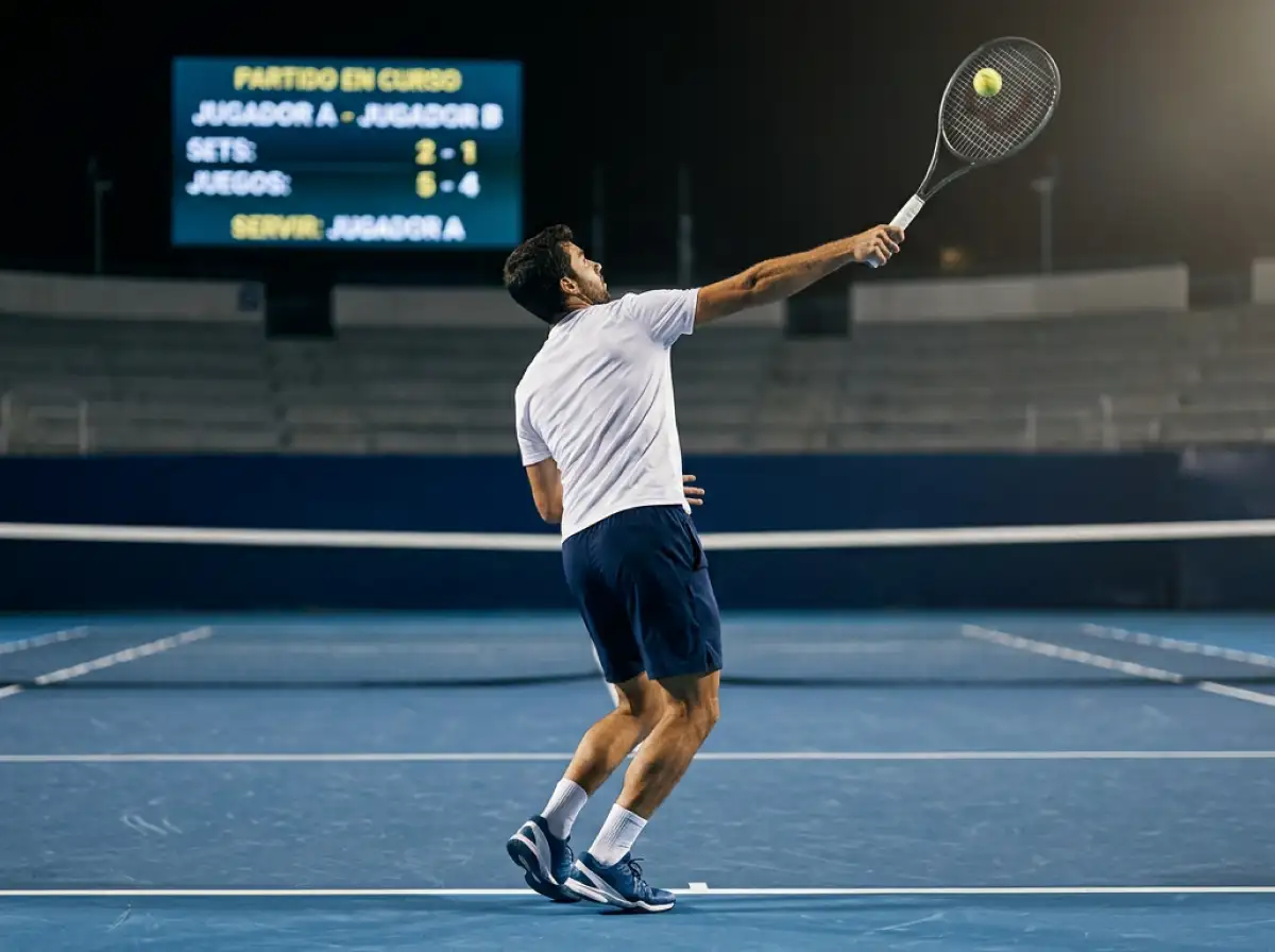 Jugador de tenis ATP realizando un saque durante un partido en directo