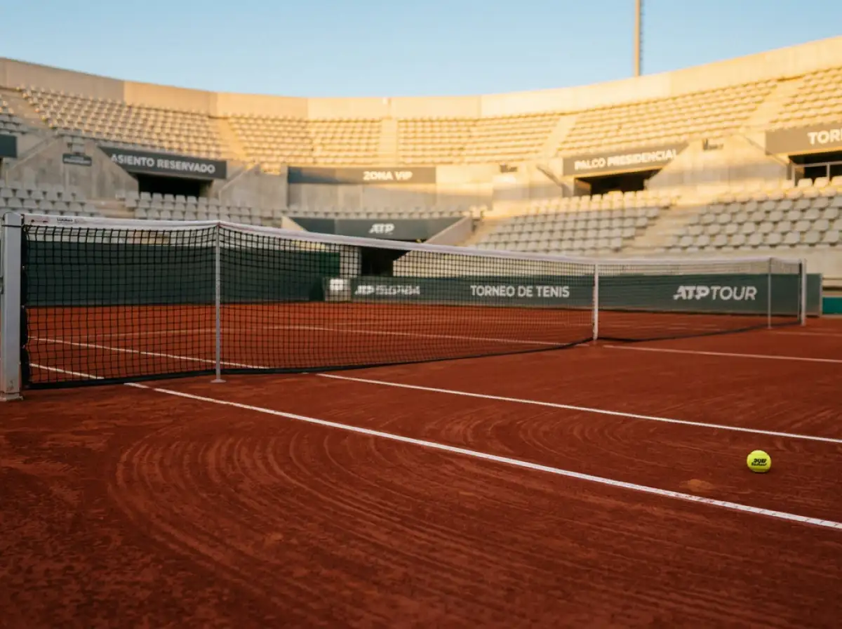Pista central de tenis ATP iluminada al atardecer en un Grand Slam